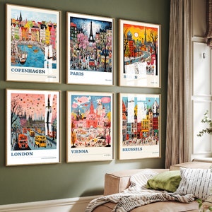 Set of Six European City Travel Posters - 6 Ludwig Modern Vibrant Art Prints - Photo Painting Wall Gift Giclée - Paris, Berlin, London