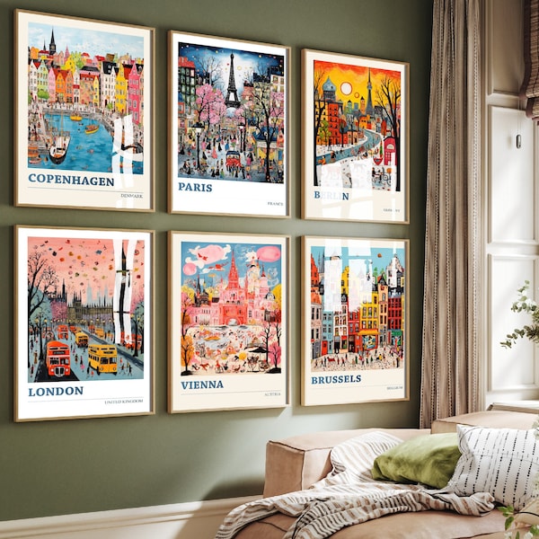 Set of Six European City Travel Posters - 6 Ludwig Modern Vibrant Art Prints - Photo Painting Wall Gift Giclée - Paris, Berlin, London