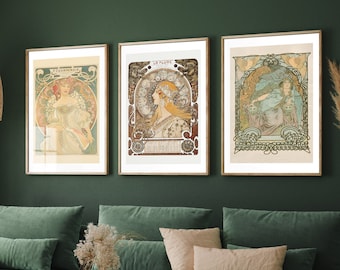 Set of Three Alphonse Mucha Prints - 3 Classic Paintings - Photo Poster Wall Art Gift Giclée Museum Quality - Reverie, La Plume, Seasons