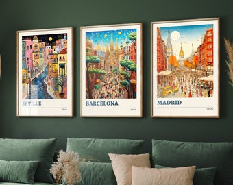 Set of Three Spain Travel Posters - Seville, Barcelona, Madrid - 3 Modern Art Prints - Photo Painting Illustration Gift Map Spanish