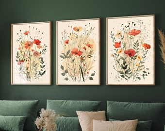 Set of Three Vintage Flower Prints V2 - Set of 3 Floral Plants - Paintings Photo Poster Wall Art Gift Museum Giclee Poppies Ferns Botanical