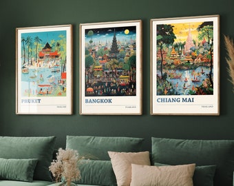 Set of Three Thailand Travel Posters - Phuket, Bangkok, Chiang Mai - 3 Modern Art Prints - Photo Painting Illustration Gift Map Thai Island