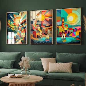 Ensemble de trois peintures de Cornouailles - Reproductions d'art de Port Isaac, St. Ives, Penzance - Affiches abstraites colorées - Lot de 3 Giclée de décoration murale pour la maison