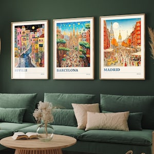 Set of Three Spain Travel Posters - Seville, Barcelona, Madrid - 3 Modern Art Prints - Photo Painting Illustration Gift Map Spanish