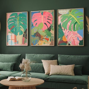 Set of Three Monstera Leaf Pink Collage Paintings - 3 Botanical Art Prints - Photo Poster Wall Gift Giclée - Greenery Illustration Plant