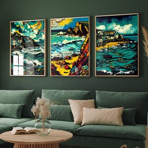Penzance, Newquay, St. Ives Cornwall affiches - lot de trois impressions d'art - peintures de mauvaise humeur - lot de 3 décorations murales - spot de surf