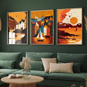 Les Cornouailles en automne - Lot de trois reproductions d'art - Posters de Polperro, Falmouth et St. Ives - Tableaux orange - Lot de 3 décorations murales