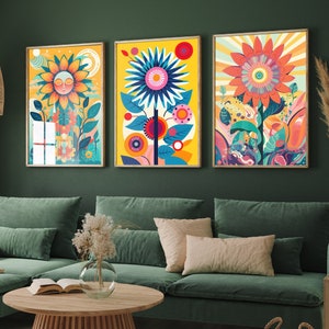 Flower and Sun Set of Three Art Prints - 3 Sunflower Paintings - Photo Poster Wall Art Gift Giclée Museum Illustrations Daisies Holotone