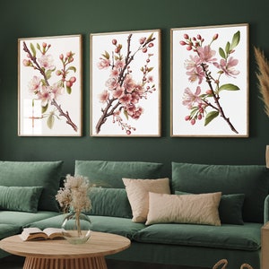Set of Three Cherry Blossom Branch Art Prints - 3 Pink Floral Paintings - Poster Home Wall Décor Gift Giclée - Japanese Flower Trees Bush