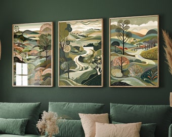 Landscape Illustrations in Olive Green - Set of Three Abstract Prints - South Downs, Sussex Poster, Wales Art, Painting Valley Lews Steyning