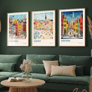 Ensemble de trois affiches de voyage en Belgique - Bruxelles, Gand, Bruges - 3 tirages d'art moderne - photo et peinture carte-cadeau Visit Europe