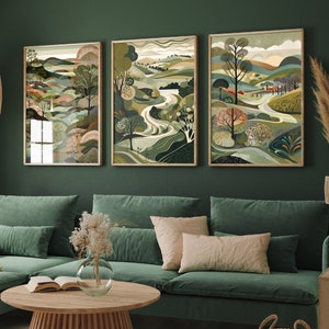 Landscape Illustrations in Olive Green - Set of Three Abstract Prints - South Downs, Sussex Poster, Wales Art, Painting Valley Lews Steyning