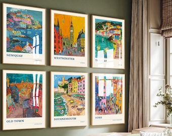 May include: A set of six colorful vintage travel posters featuring different cities in the United Kingdom. The posters are framed and hung on a green wall. The posters feature illustrations of the cities, including buildings, landmarks, and people. The posters are titled "Newquay", "Westminster", "Torquay", "Old Town", "Bournemouth", and "York".