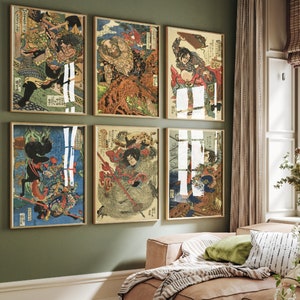 Set of Six Utagawa Kuniyoshi Prints - 6 Japanese Warrior Paintings - Photo Poster Wall Art Gift Giclée - Heroes of The Water Margin