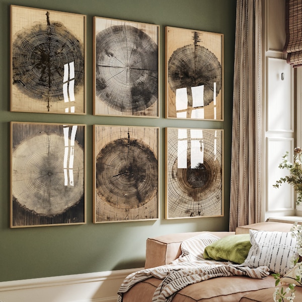 Set of Six Tree Ring Stump Paintings - 6 Natural Pattern Art Prints - Photo Poster Wall Gift Giclée Décor, Organic Wood Wooden Aged