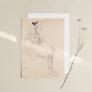 Egon Schiele - Sitting Girl with a Loop of Hair (1909) - Classic Painting Photo Poster Print Art Gift Wall Home Decor