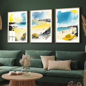 Aquarelles de Cornouailles en jaune et bleu - Lot de trois reproductions d'art - Posters de Newquay, Padstow et Penzance - Tableau sur la plage - Lot de 3