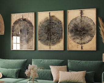 Set of Three Tree Ring Stump Paintings - 3 Natural Pattern Art Prints - Photo Poster Wall Gift Giclée Décor, Organic Wood Wooden Aged