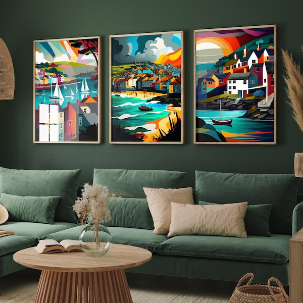 Set of Three Vibrant Cornwall Posters - Falmouth, St. Ives, Port Isaac Art Prints - Colourful Bold Paintings - Set of 3 Home Wall Décor