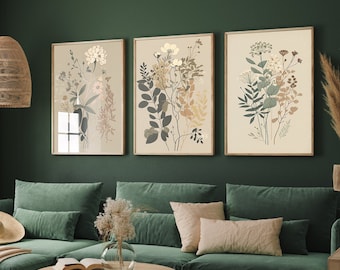 Set of Three Vintage Flower Prints - Set of 3 Floral Plants - Paintings Photo Poster Wall Art Gift Museum Giclee Daisies Ferns Botanical