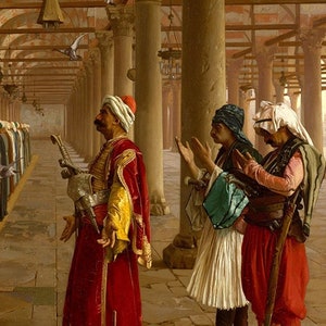 May include: A painting depicting a mosque interior with a group of men in traditional clothing praying. The mosque has a high vaulted ceiling with intricate arches and columns. The men are standing in rows, facing the direction of prayer. The painting is filled with warm, earthy tones and a sense of peace and tranquility.