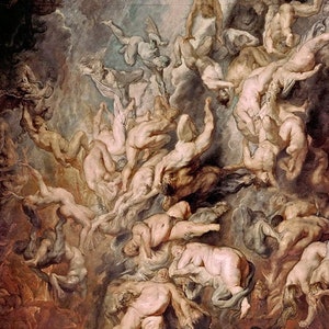 Könnte beinhalten: Ein großes, detailliertes Ölgemälde, das eine Szene des Jüngsten Gerichts darstellt. Das Gemälde zeigt eine Vielzahl von Figuren, sowohl menschliche als auch dämonische, in einer chaotischen und dramatischen Komposition. Die Figuren sind in verschiedenen Zuständen von Qual und Erlösung dargestellt, einige steigen in den Himmel auf, während andere in die Hölle gestoßen werden. Das Gemälde zeichnet sich durch die Verwendung von satten Farben und dramatischer Beleuchtung aus, die ein Gefühl von Ehrfurcht und Schrecken erzeugt.