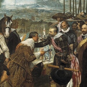 May include: A painting depicting a group of men in 17th-century attire, some mounted on horseback, with a landscape in the background. The men are gathered around a table, and one man is handing another a small object. The painting is executed in a realistic style, with rich colours and detailed brushstrokes.