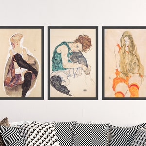 Set of Three Egon Schiele Prints - 3 Classic Paintings - Photo Poster Wall Art Gift Giclée - Girls Women Sitting Falling Hair Crossed Legs