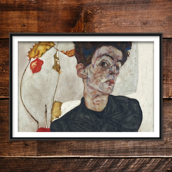 自画像　ミニ絵画 エゴン・シーレ - ホオズキのある自画像 (1912) - 古典絵画の複製
