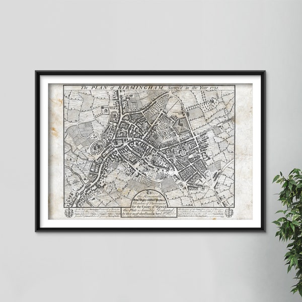 Reproduction of a Vintage Birmingham (England) Map from 1731 - Photo Poster Print Gift Wall Home Decor Art Street Home Old Archive #ATTEMPT2