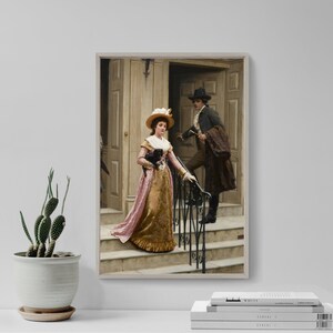 Edmund Leighton - My Next Door Neighbour (1894) - Classic Painting Photo Poster Print Art Gift Home Wall Decor - Edward Admiring Dog Gold