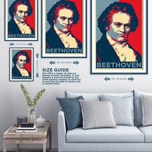 May include: A set of four framed prints featuring a portrait of Ludwig van Beethoven in a red, white, and blue color scheme. The prints are available in four sizes: 12 x 8 inches, 9 x 6 inches, 18 x 12 inches, and 24 x 16 inches. The text "BEETHOVEN" is printed below the portrait on each print.