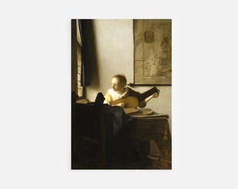 Johannes Vermeer - Woman with a Lute Near a Window (1663) - Classic Painting Photo Poster Print Art Gift Home Wall Decor - Tuning Guitar