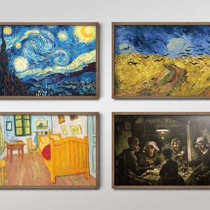 May include: Four framed paintings by Vincent van Gogh. The first painting is a starry night scene with a swirling sky in shades of blue and yellow. The second painting is a field of wheat with a winding path leading to the horizon. The third painting is a bedroom interior with a yellow bed and a wooden chair. The fourth painting is a group of people sitting around a table in a dimly lit room.