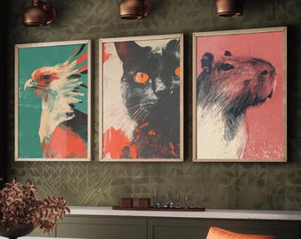 Animal Screen Prints Set of Three Paintings - Art Featuring the Secretary Bird, Black Cat and Capybara - Unique Poster Set Gift