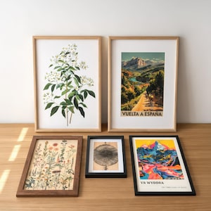 a collection of framed artworks and botanical prints arranged on a wooden surface.