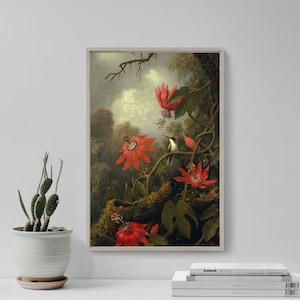 Martin Johnson Heade - Hummingbird and Passionflowers (1875) - Classic Painting Photo Poster Print Art Gift Home Wall Decor Passion Flowers