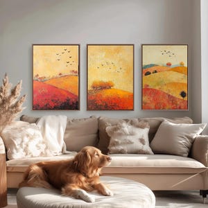 Rolling Butterfly Landscape Art Prints in Chartreuse, Crimson and Fog - Set of Three Posters, Painting - Clee Hills