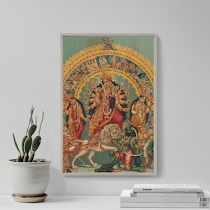 Shri Shri Durga with Mahisha Trisula Lakshmi Saraswati (1890) - Classic Painting Photo Poster Print Art Gift Home Wall Decor - Hindu God