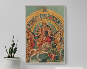 Shri Shri Durga with Mahisha Trisula Lakshmi Saraswati (1890) - Classic Painting Photo Poster Print Art Gift Home Wall Decor - Hindu God