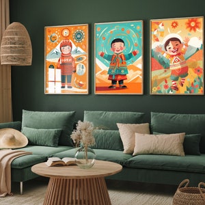 Kids in Traditional Clothing Art Prints - 3 Nursery Paintings - Photo Poster Wall Art Gift Giclée - Norwegian, Mongolian, Italian Cultural