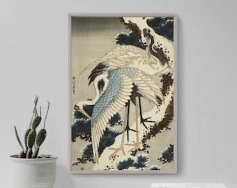 葛飾北斎 - 雪に覆われた松にとまる鶴 (1834) - 絵画写真ポスター
