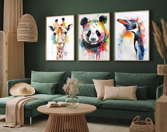 Animal Portraits Set of Three Paintings - Close Up Watercolour Art Prints - Giraffe, Panda Bear and Penguin Posters - Home Wall Décor #V2