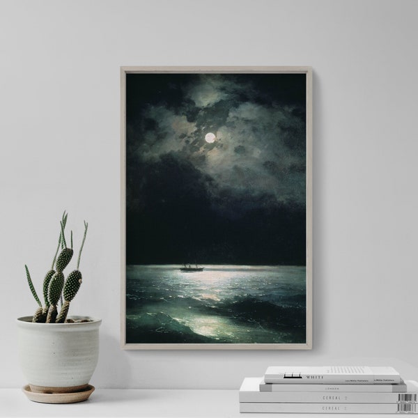 Ivan Aivazovsky - Black Sea at Night (1879) - Painting Photo Poster Print Art Giclée Museum - Boat in the Dark, Nocturnal, Moonlight Moon