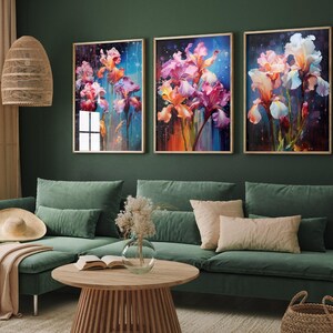 Irises Painted in Bold Colourful Brush Strokes - Set of Three Flower Art Prints - 3 Floral Home Wall Decor Posters - Fauna Paintings Iris