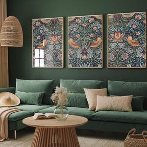 Conjunto de tres láminas de Strawberry Thief - Tríptico de tapiz de William Morris - 3 pinturas, póster fotográfico, arte de pared, regalo, impresión giclée, galería de museo