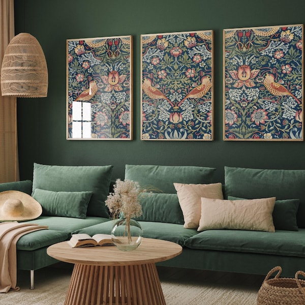 Set of Three Strawberry Thief Prints - William Morris Tapestry Triptych - 3 Paintings Photo Poster Wall Art Gift Giclée Museum Gallery