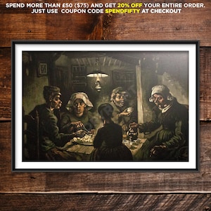 May include: A framed print of a painting showing a group of people gathered around a table, lit by a hanging lamp. The artwork uses muted colours and has a rustic feel. The text at the top says "SPEND MORE THAN £50 ($75) AND GET 20% OFF YOUR ENTIRE ORDER. JUST USE COUPON CODE SPENDFIFTY AT CHECKOUT."