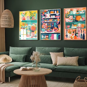 Abstract Fun Kitchen Artwork - Set of Three Art Prints - Bowls and Spoons - Restaurant Décor - 3 Cooking Posters - Spatula Paintings