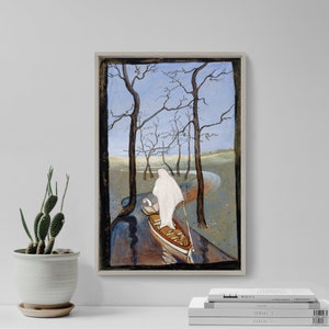 May include: A painting of a lone figure in a white robe rowing a boat down a river. The river is surrounded by bare trees and the sky is a pale blue. The painting is in a dark wooden frame.
